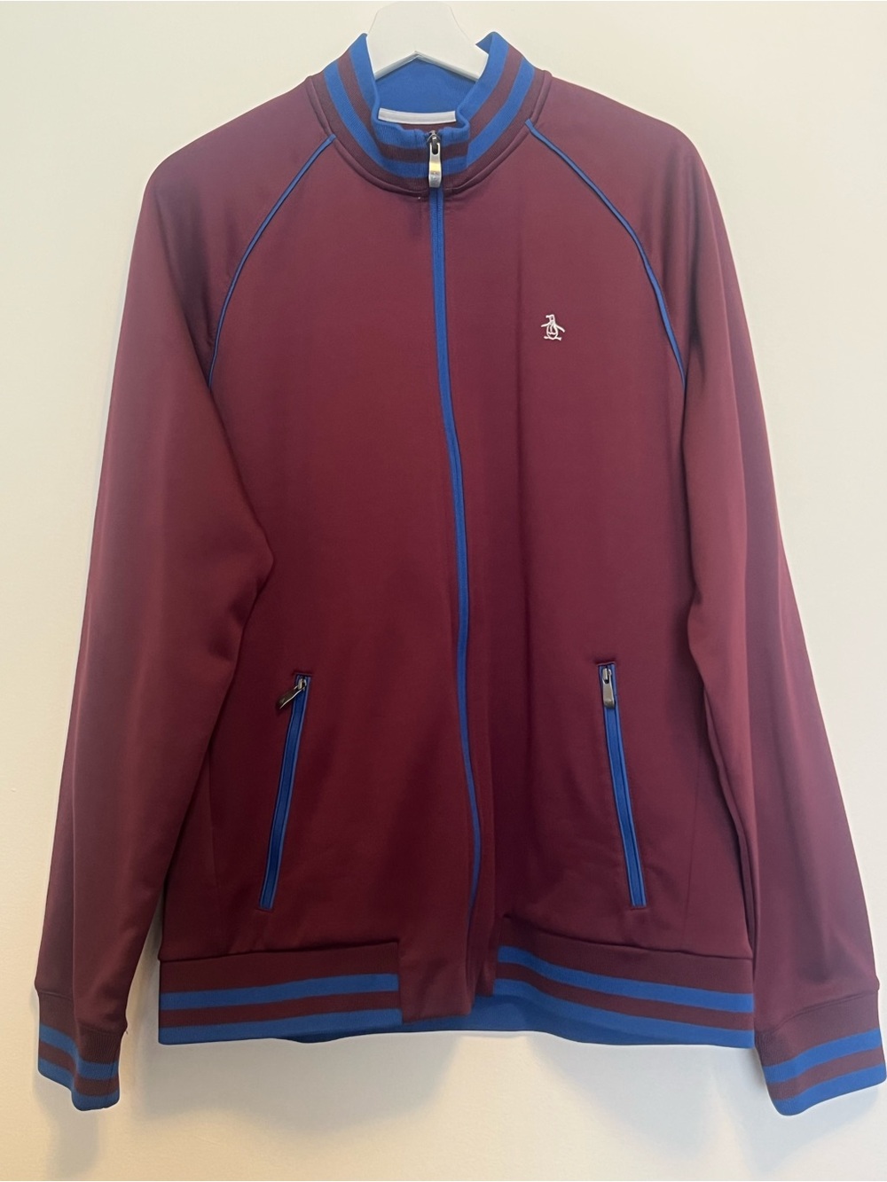 Original Penguin Burgundy Bomber Jacket | Men’s Zip-Up‎ Jacket with Blue Trim